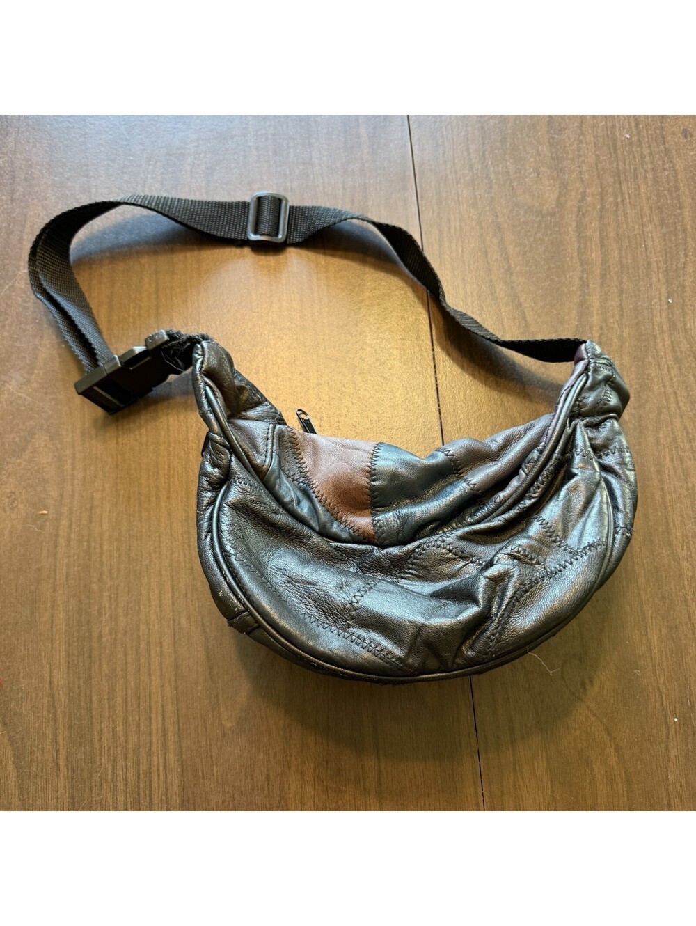 Vintage Genuine Black Leather Triple Pocket Adjustable Fanny Pack Waist Bag OSFA